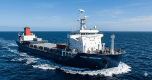 Commercial vessel equipped with electronically steered antenna for maritime satellite communications